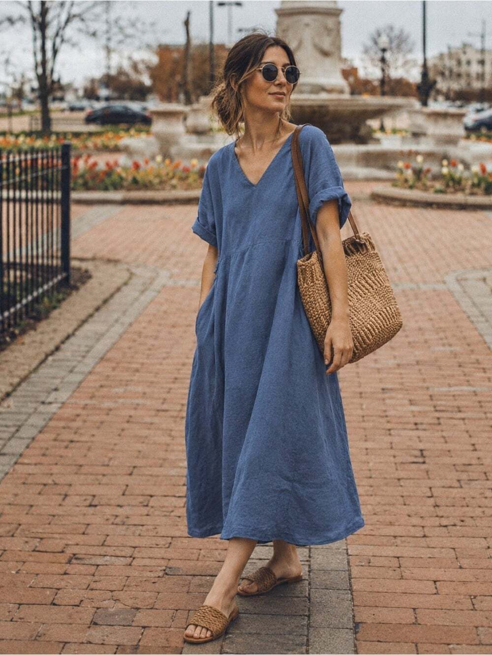Not Perfect Linen Belted Blue 100% Linen Midi Dress One Size Lagenlook Minimal